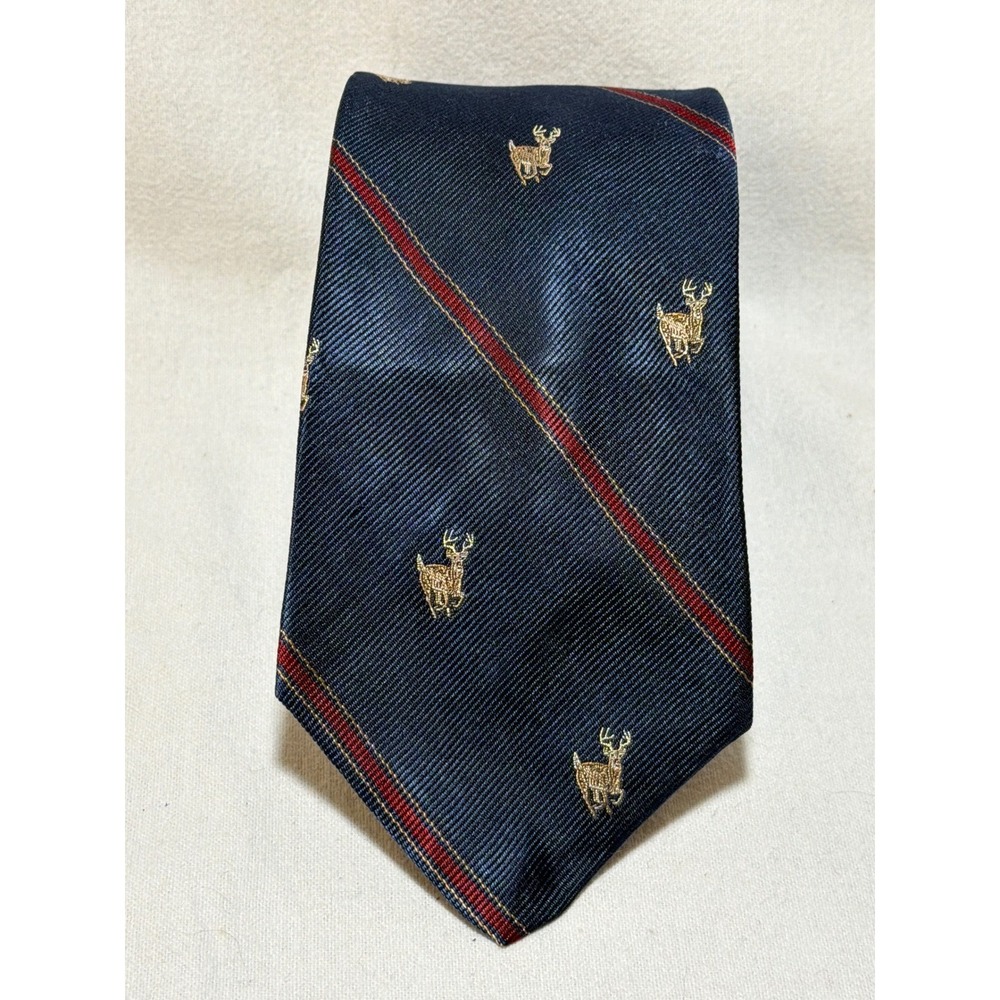 LL Bean Mens Silk Tie Navy Red Stripe Whitetail Deer Fall 1947 Catalog Cover USA